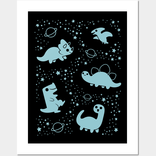 Cute Space Dinosaurs Blue Wall Art by KristyKate